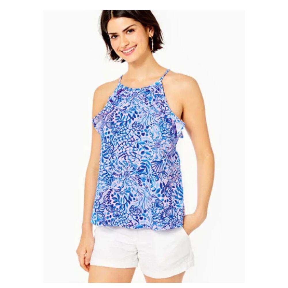 Lilly Pulitzer Womens Large Pink Blue Tropical Ruffle Cold Shoulder Top